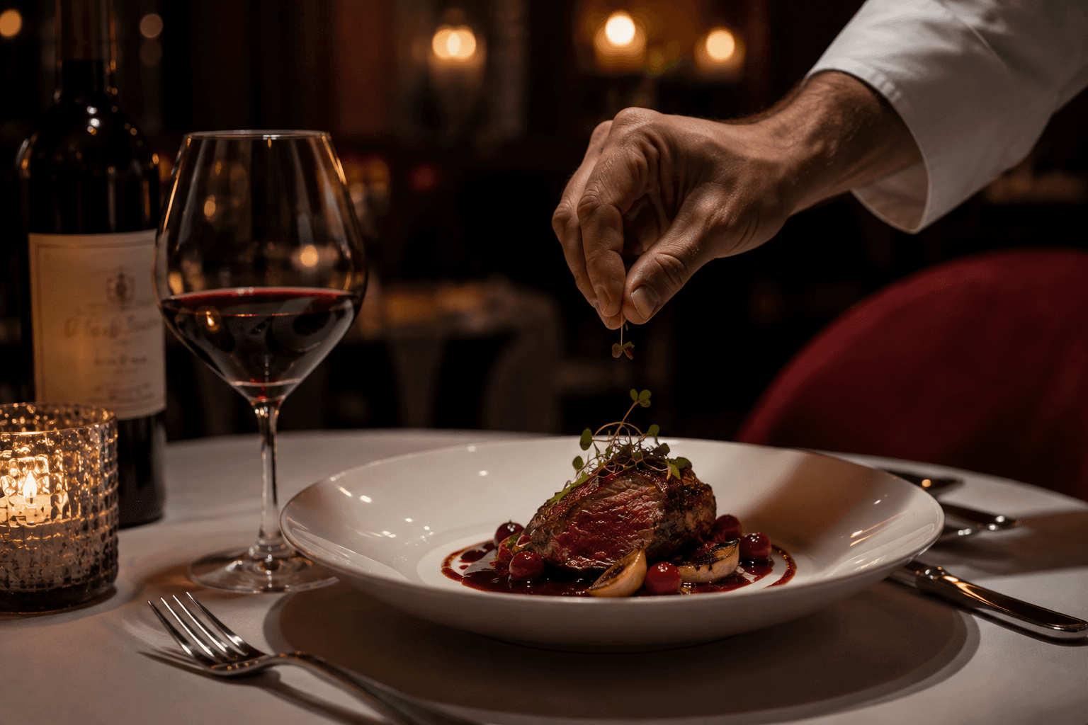 Plato de alta cocina emplatado junto a copa de vino tinto en mesa de cena privada con maridaje