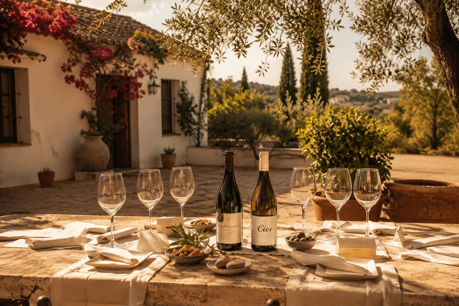 Jardín de una finca o villa en la Costa del Sol con mesa preparada para cata privada al atardecer